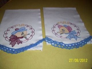 Vintage Huck linen Towels Embroidered Mr. and Mrs. Duck Blue Crochet 