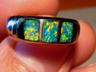   Color! Super Bright Mens Black Opal Inlay Ring 14k White Gold Size 9