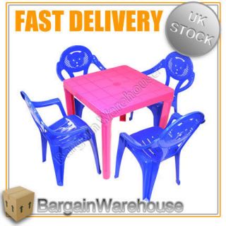  KIDS PLASTIC TABLE & 4 STACKABLE CHAIRS SEATS CHILD BEAR SEAT