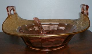 Vintage Pink Glass Serving Bowl w/ Handles + Glass Ladle, Gold painted 