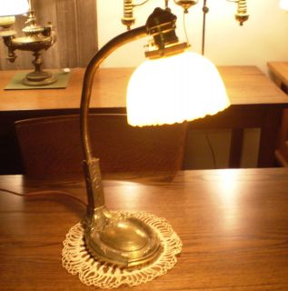   Brass Gooseneck Desk Lamp with Marbled White Shade circa 1920s