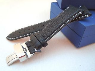 24mm Black / White Leather Deployment Clasp WATCH BAND STRAP deployant