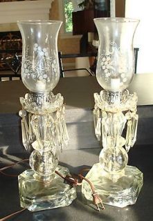 vintage pair of etched glass boudoir lamps with hurricanes & prisms