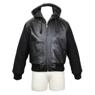 United Face Boys Black Leather Hooded Bomber Jacket with Wool Sleeves 