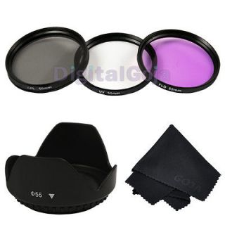 55MM UV CPL FLD Filter kit + Lens Petal Hood for Sony alpha A300 A350 
