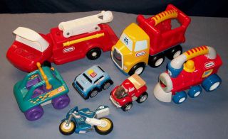 Little Tikes LOT OF 7 TOYS BUGGY POLICE CAR TRUCK TRAIN FIRE TRUCK 