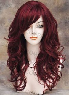 Wonderful Long wavy Layered Soft Burgundy Red Mix Curly Wig w bangs bc 