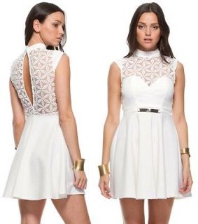 WHITE WEDDING LOVE HEART HIGH NECK DAISY LACE CUT OUT BACK SKATER 