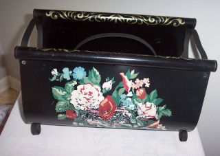 VINTAGE CHIC TOLEWARE TOLE FLORAL PAINTED MAGAZINE RACK HOLDER SHABBY