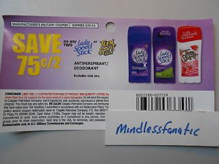 12) .75 Any Two Lady SPEED STICK or TEEN SPIRIT Deodorant Coupons x3 