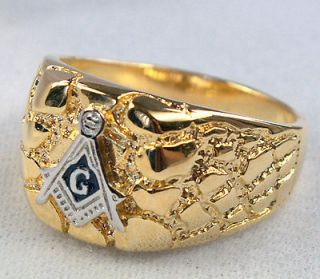 Masonic Mens Unique Nugget Ring 18K yellow Gold Overlay size 15
