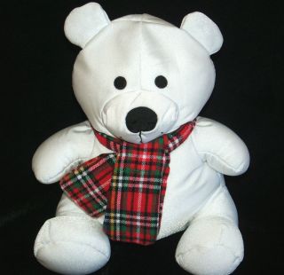   Moshi WHITE TEDDY BEAR MICROBEAD PILLOW Plush RED PLAID SCARF
