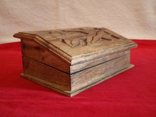 Vintage OAK Wood Wooden Hinged Angled Trinket Box WIth Black Interior 