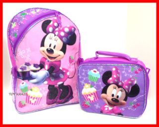 MINNIE MOUSE PINK BACKPACK DISNEY SCHOOL BAG WITH LUNCH BOX CUPCAKES 