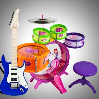 Kid Toy Drum Set & Blue Electric Guitar Musical Instrument Playset 