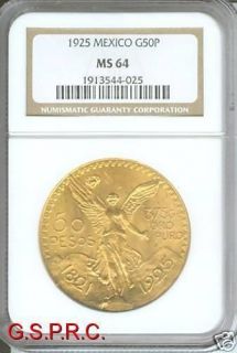 1925 MEXICO 50 PESOS 1.2 Oz. GOLD COIN NGC MS64 MS 64 
