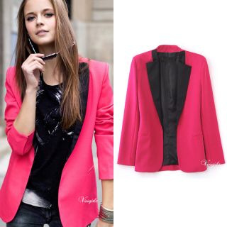 Boyfriend Style New Womens Contrast Lapel Neon Pink Blazer Suit
