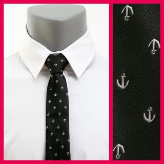 New Mens NeckTies Skinny Slim Anchor logo Jacquard Woven Self Ties 