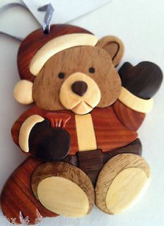 Santa Teddy Bear Ornament hanging 4 holiday Tree hand crafted wood 