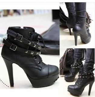   Leather Lace  Up Buckle Platform studded Shoes High Heel Ankle Boots