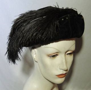 Edwardian Black Velvet Hat w Beads / Feather