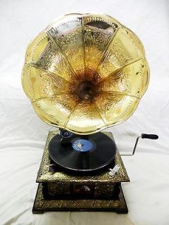 ANTIQUE GRAMOPHONE PHONOGRAPH CRAFTED MACHINE WITH CRAFTED BRASS HORN