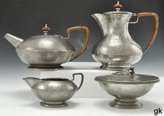 Pc Antique English Pewter Teapots Sugar Creamer Tudric Cane Handle