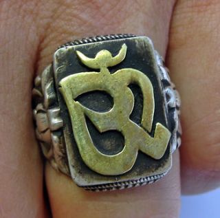 TIBETAN BUDDHIST SACRED SILVER OM RING W/ GOLD ACCENT