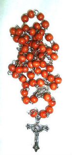 Gorgeous Orange Catholic Wood Rosary Beads Cross Jesus Necklace 