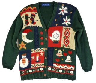 Busy COUNTRY Snowman Santa UGLY Xmas Cardigan Sweater M L