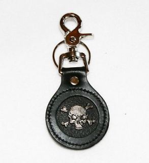 Black Leather Skull Key Chain Fob Ring Belt Clip Biker Trucker Goth 