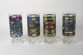 Stained Glass Beer Glasses Set of 4 Schaefer, Black Label, Pabst and 