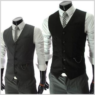 RVE) THELEES Mens Casual Chain Zipper Pocket 5 Button Slim Vest 
