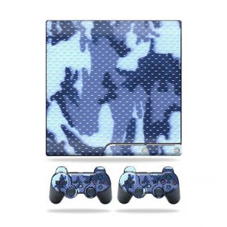 Skin Decal for Sony Playstation 3 PS3 Slim + 2 controllers Skins Blue 