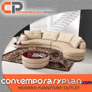 Contemporary Beige Leather Sectional Curved Sofa with Round Modern 