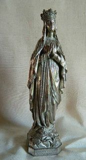 ANTIQUE 1 VIRGIN MARY LOURDES STATUE SILVER PLATED CAST METAL