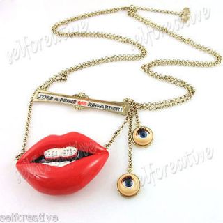 3D Doll Eyes Red Resin Lips Pendant Double Chain Necklace Gold Tone 