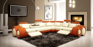 4087 SECTIONAL Orange & Off white LEATHER two tone sofa with recliners