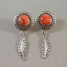 NAVAJO MADE* STERLING SILVER CORAL SUN & FEATHER EARRINGS