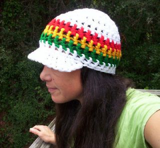 Handmade Crochet WHITE RASTA BILL CAP Hat hippie Hip Hop Reggae