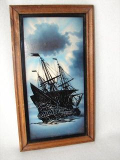 Antique Reverse Ship Painting On Glass Picture