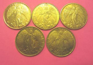 VINTAGE RELIGIOUS GOLD ANGEL COINS MEDALS LOT OF 5 DOUBLE SIDED METAL 