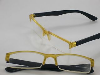   DESIGNER READING GLASSES Yellow Frames Black Arms Semi Rimless Specs
