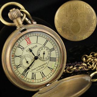   Copper LONDON Mechanical Pocket Watch 5 Hands 12/24H Clock Chain US