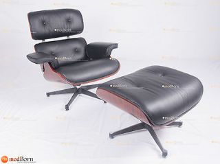 Charles and Eames Aniline Black Leather Lounge Chair and Ottoman 