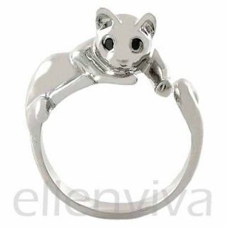 Enhanced Relaxing Cat Animal Wrap Ring Sizes 5 9 Shiny Silver Tone 