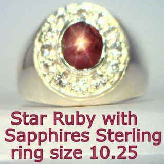 Star Ruby with White Sapphire Halo Handmade 925 Sterling Gents Ring 