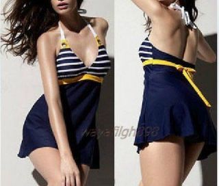 Deep V shaped the Navy Sailor Striped One Piece Swimsuit Swimwear 