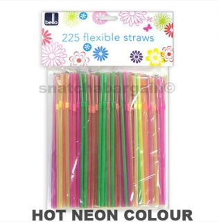   225 QUALITY PARTY ASSORTED COLOUR NEON FLEXIBLE DRINKING STRAWS NEW