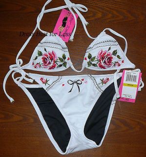  Johnson Betsy White Black Rose Parade String Bikini Swimsuit S M NEW